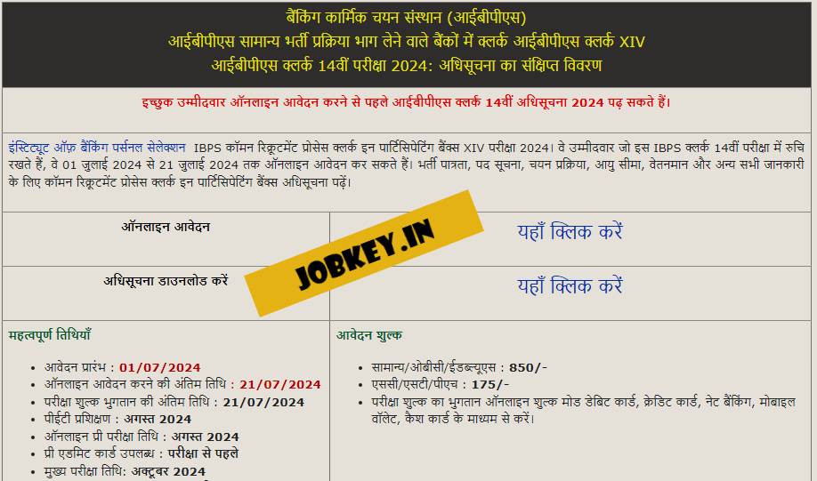 IBPS Clerk 14th Online Form 2024 (jobkey)